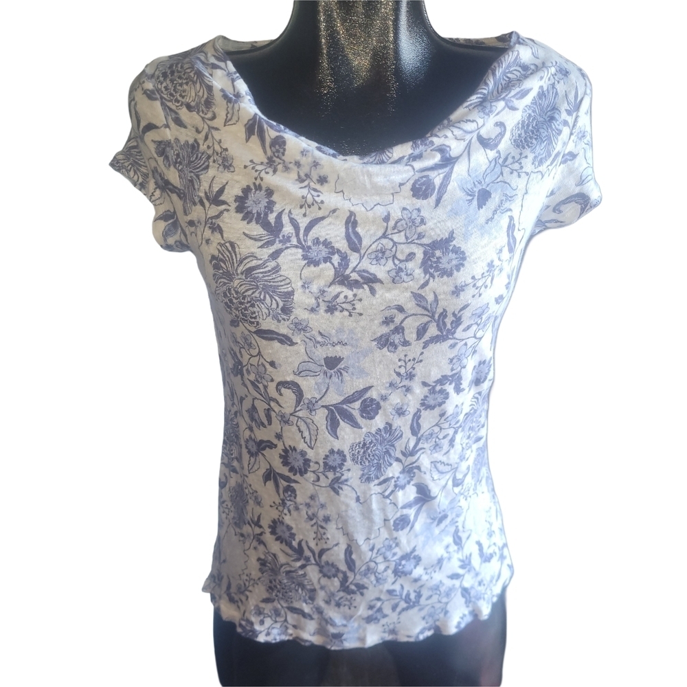 Rachel Zoe Floral Print Linen Short Sleeve Top S